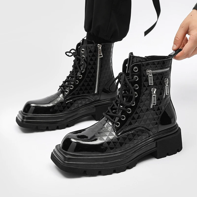 mens fashion hip hop rock dress platform boots black designer patent leather shoes cowboy high boot cool long motorcycle botas