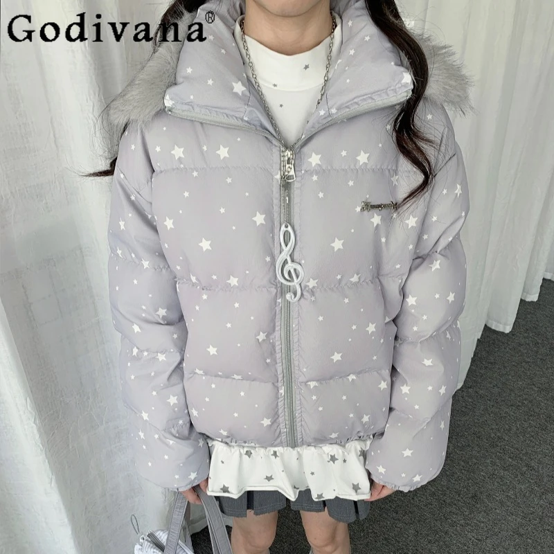 

Winter Full Print Stars Parkas for Women Japanese Style Long Sleeve Warm Coat Female High Street Loose Casual Parkas