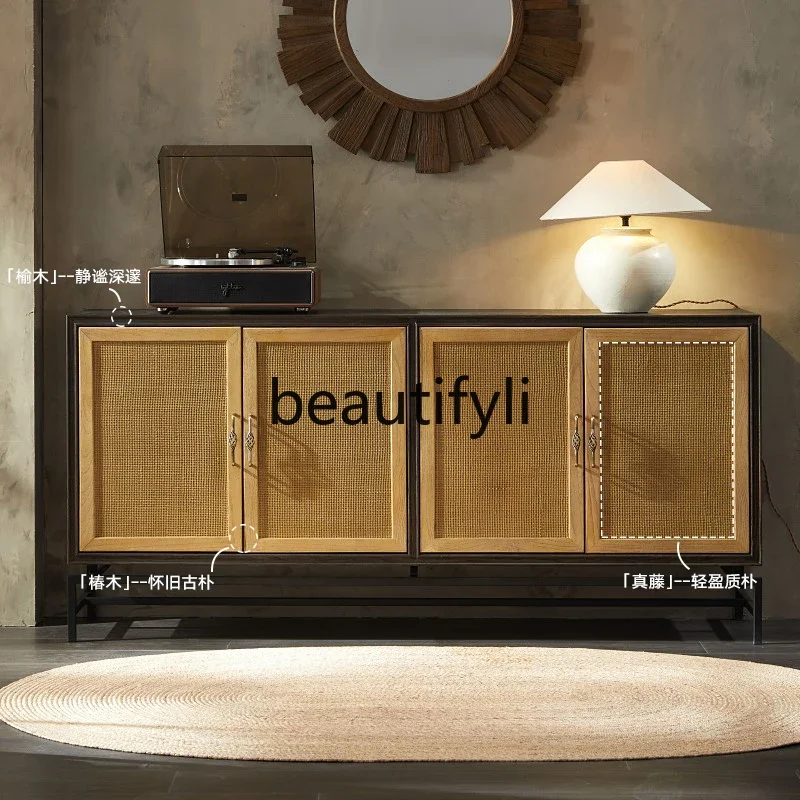 

Nordic modern simple retro solid wood dining side cabinet kitchen storage cupboard light luxury rattan wine cabinet