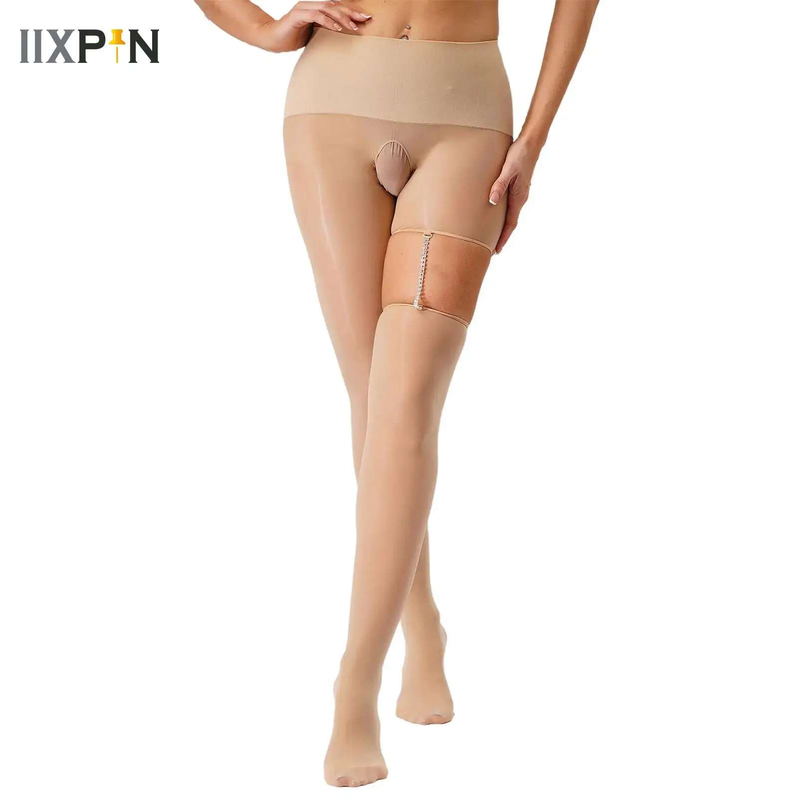 

Women Oil Shiny Stocking Open Crotch Erotic Sexy Lingerie One-side Rhinestones Garters Pantyhose Crotchless Intimates Tights