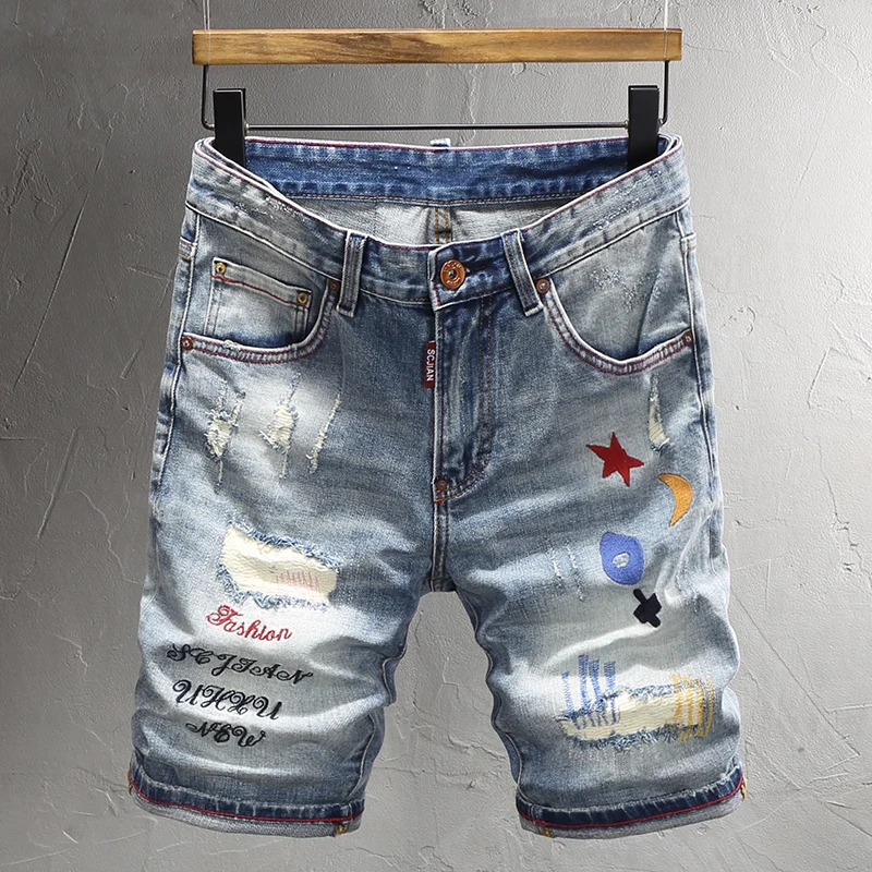 

Summer Fashion Men Jeans Retro Light Blue Plain Washed Elastic Ripped Short Jeans Embroidery Designer Hip Hop Denim Shorts Men