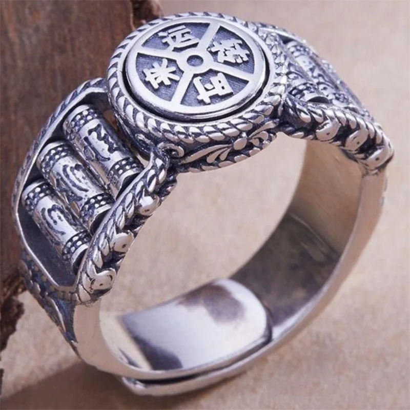 Ethnic Style Six Character Great Ming Mantra Beads Ring Men Jewelry Lucky Fortune Compass Ring Male Index Finger Accessories