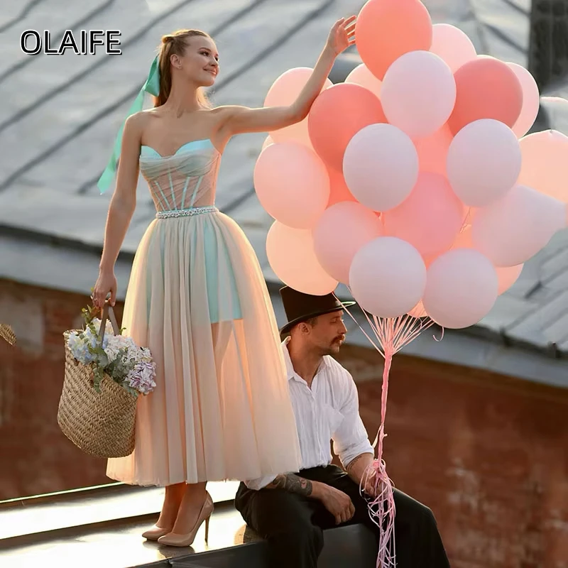 

A-line Beaded Sweetheart Tulle Prom Dresses Tea Length Sleeveless Homecoming Dresses Customized vestidos de fiesta