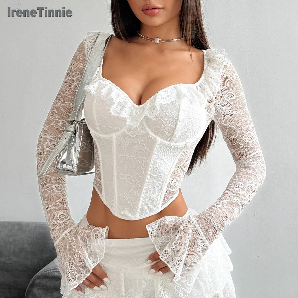 IRENE TINNIE Ruffled Lace Corset Top - Slim Long Sleeve Shirt
