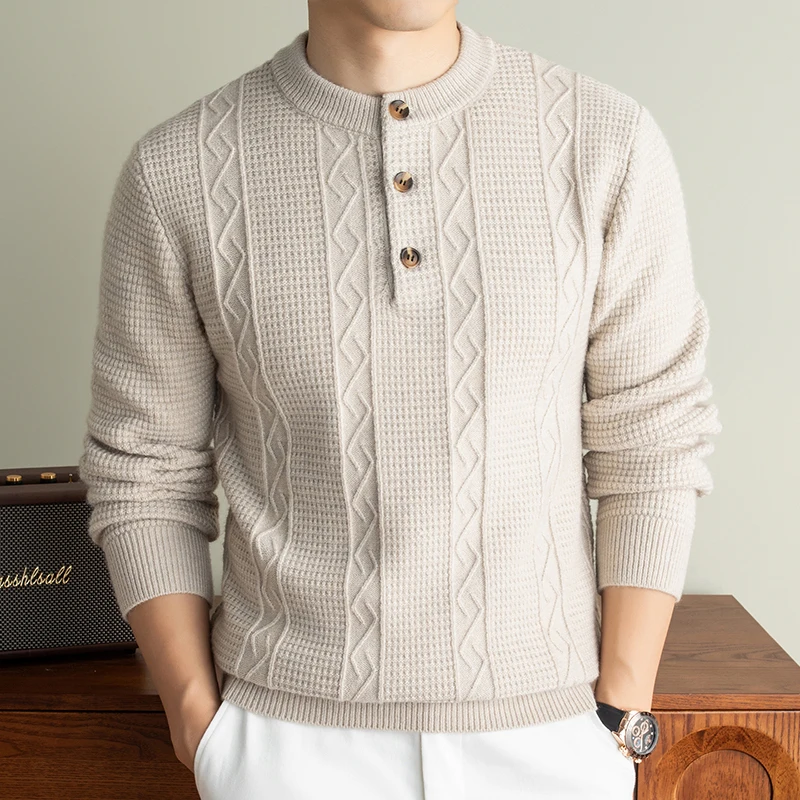 Fashion New exquisite jacquard sweater high-quality autumn winter comfort warm knitted pullover button round neck men's clothing