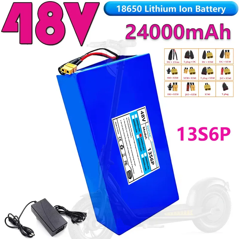 Batterie Li-ion 13S6P 48V 24Ah 2000W 18650, adaptée Aux vélos 54.6V + Prise BMS intégrée En Option + Chargeur 54.6V