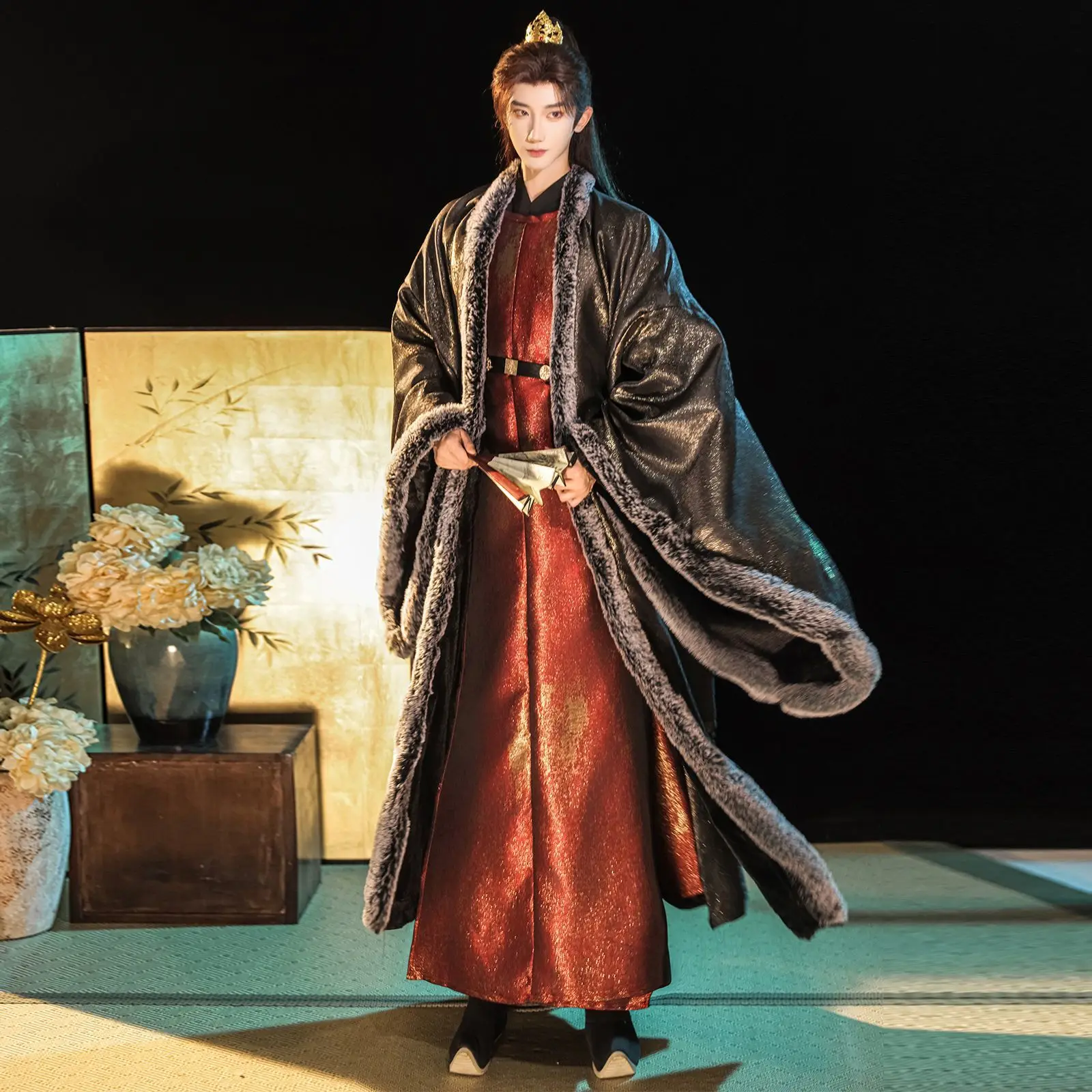 manteau-d'hiver-traditionnel-chinois-pour-homme-style-hanfu-avec-col-double-en-fourrure-doree-coupe-vent-chaud