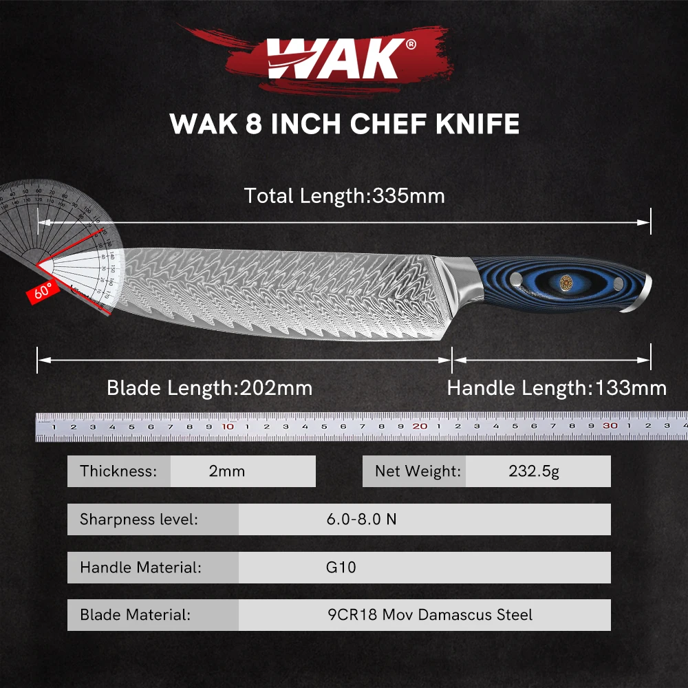 WAK Professional 67 Layers Damascus Steel Kitchen Chef Knife Feather Pattern Blade Knives Blue and Black G10 Soft Handle Knife