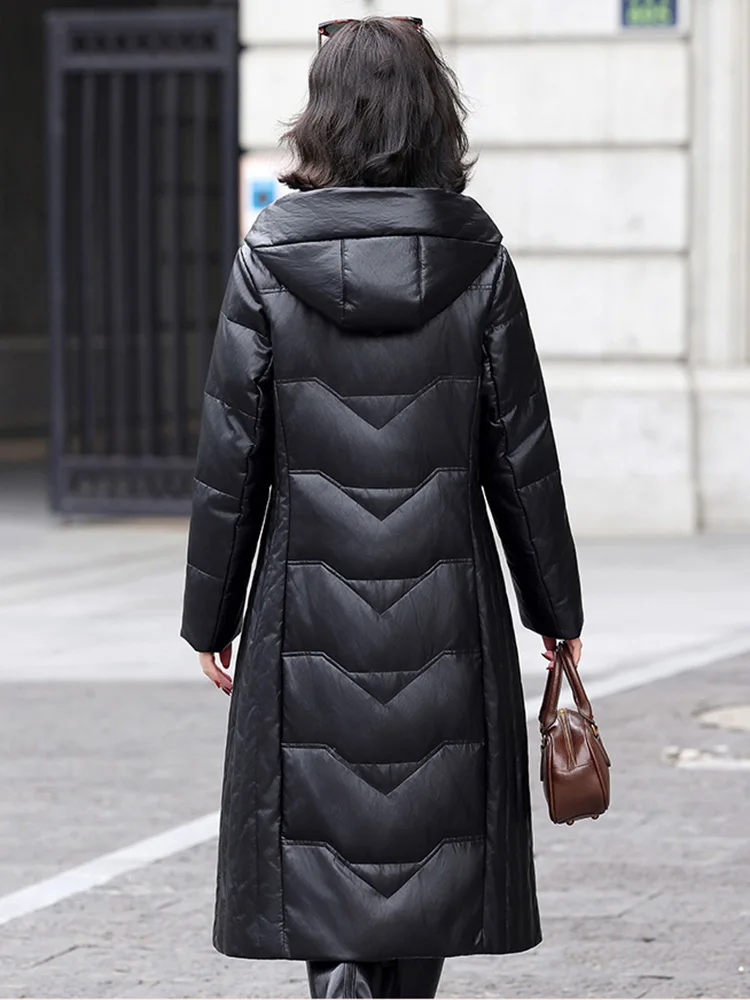 جديد إمرأة شتاء انقسام الجلود أسفل معطف موضة مقنعين كم طويل فضفاض معطف دافئ عادية البساطة معطف طويل من الجلد أسفل #4