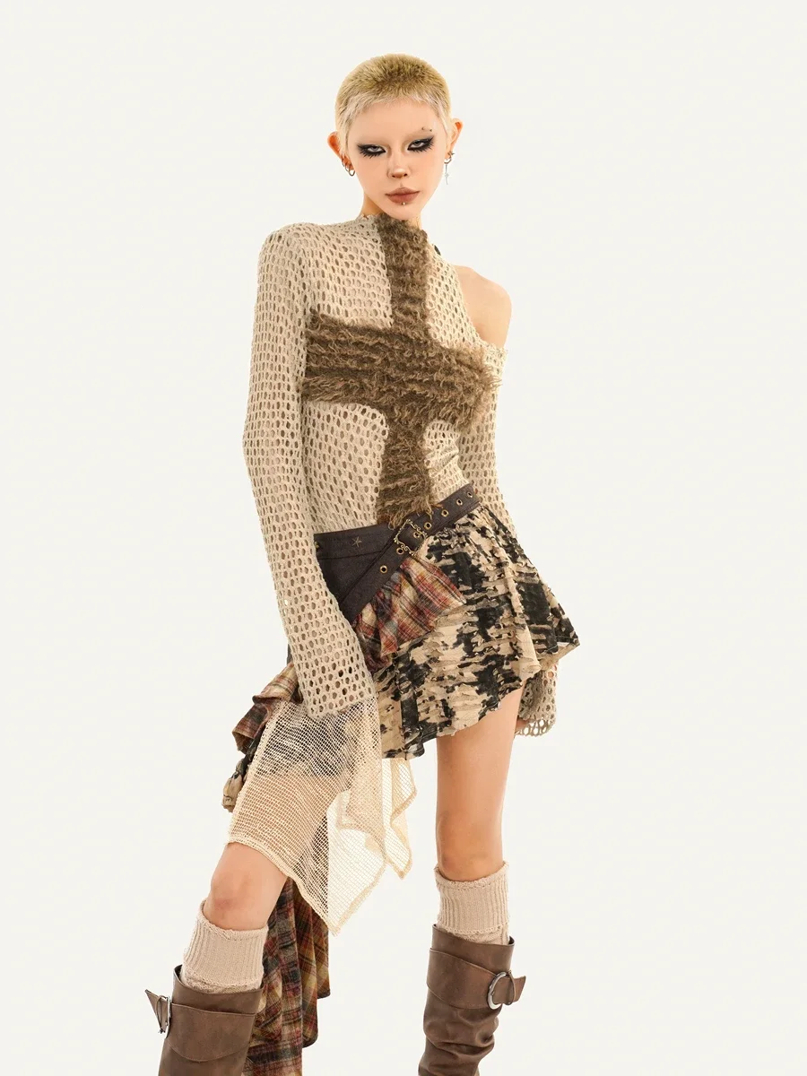 IMU Subculture Streetwear Novelty Cross Patch Hollow Out Holes Off One Shoulder Long Sleeve Knit Fishing Net Tshirt Pullover Top