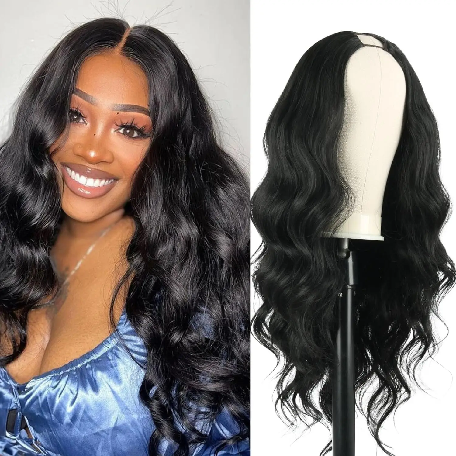 30 Inch V Part Wig Body Wave Synthetic U Part Wigs for Women Full Head Clip in Hair Natural Black No Leave Out Thin Part Wig