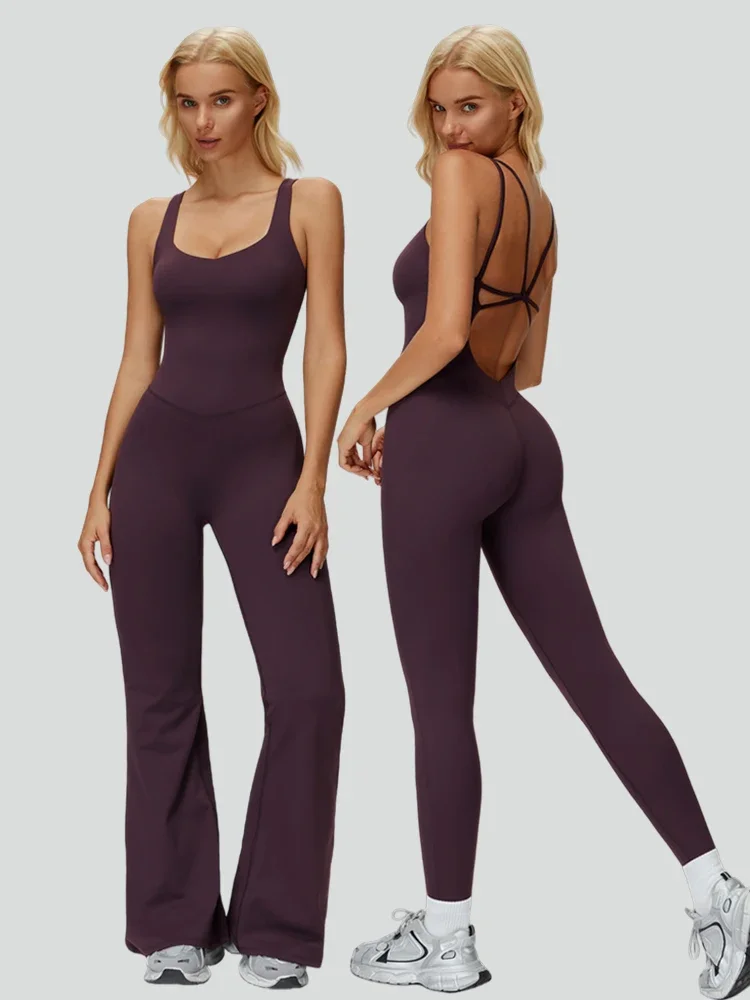 

VITALINOVO Flare Jumpsuits for Women Backless Bodycon Rompers Jumpsuits Scoop Neck Built-in Bra Dance Unitard Workout Yoga Suits