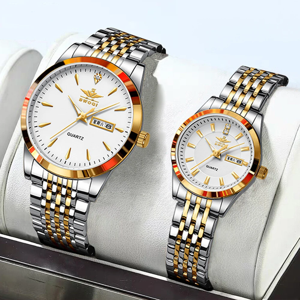 BWOQI Casual Fashion Couple Watches Stainless Steel Original Quartz Watch for Lover Waterproof Luminous Date Week Man and Women