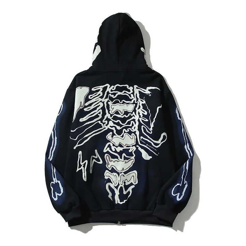 Men's High Street Skeleton Hip Hop Hoodies Fashion Streetwear Skull Printed Sweatshirt Loose Fit Oversized Tops Full Zipper