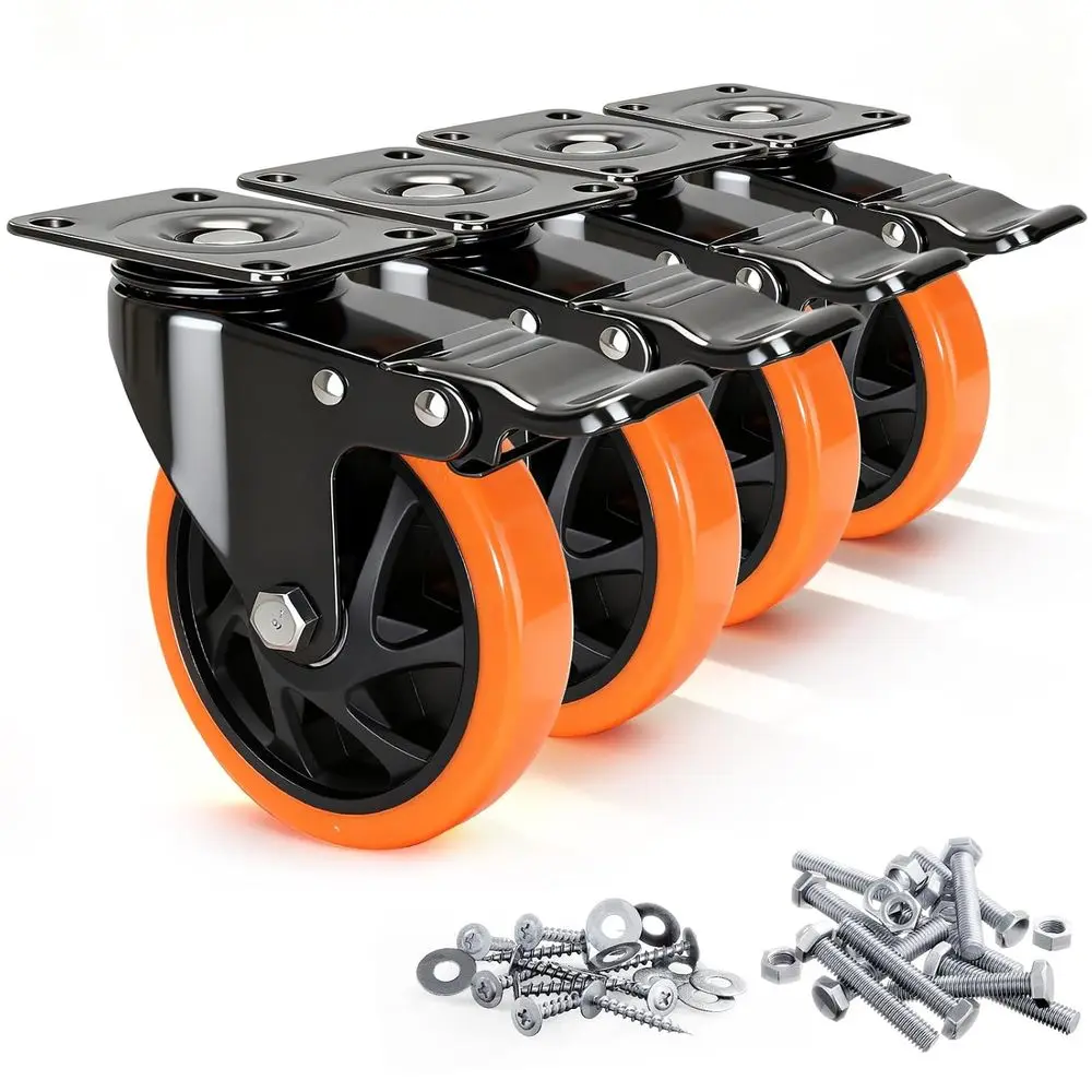 

5 Heavy Duty Caster Wheels Set of 4, Dual Lock PU Casters, Industrial Swivel Casters for Workbench, Furniture & Tool Cart – Smoo