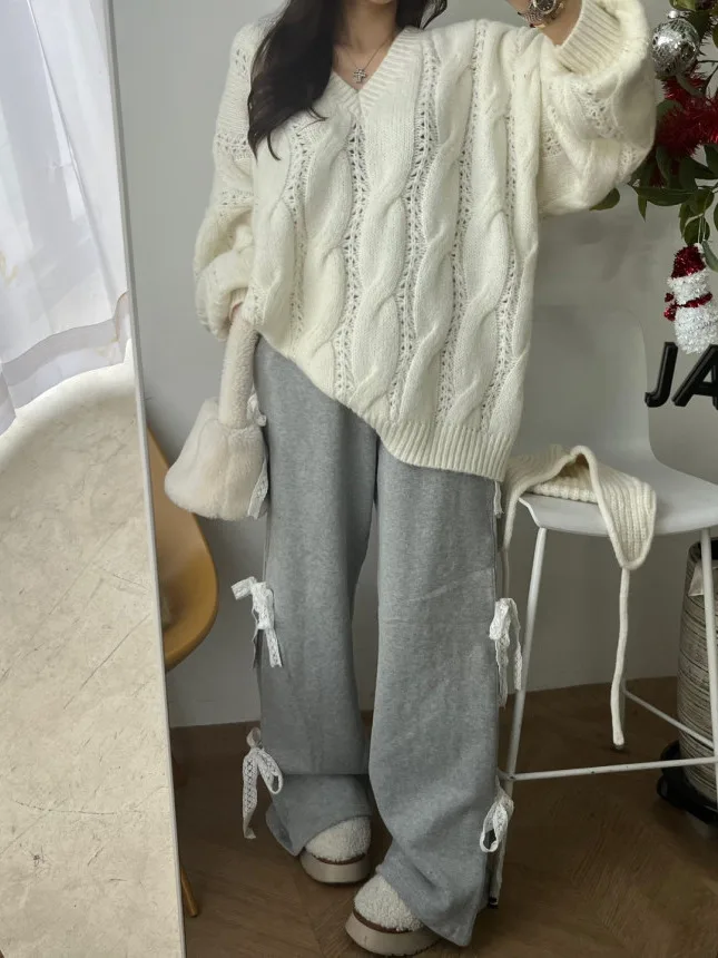 2026 Korean Style Women's Fleece Lined Sweatpants Elastic Waist Side Panel Trimmed Casual Cotton Polyester Comfortable Fit