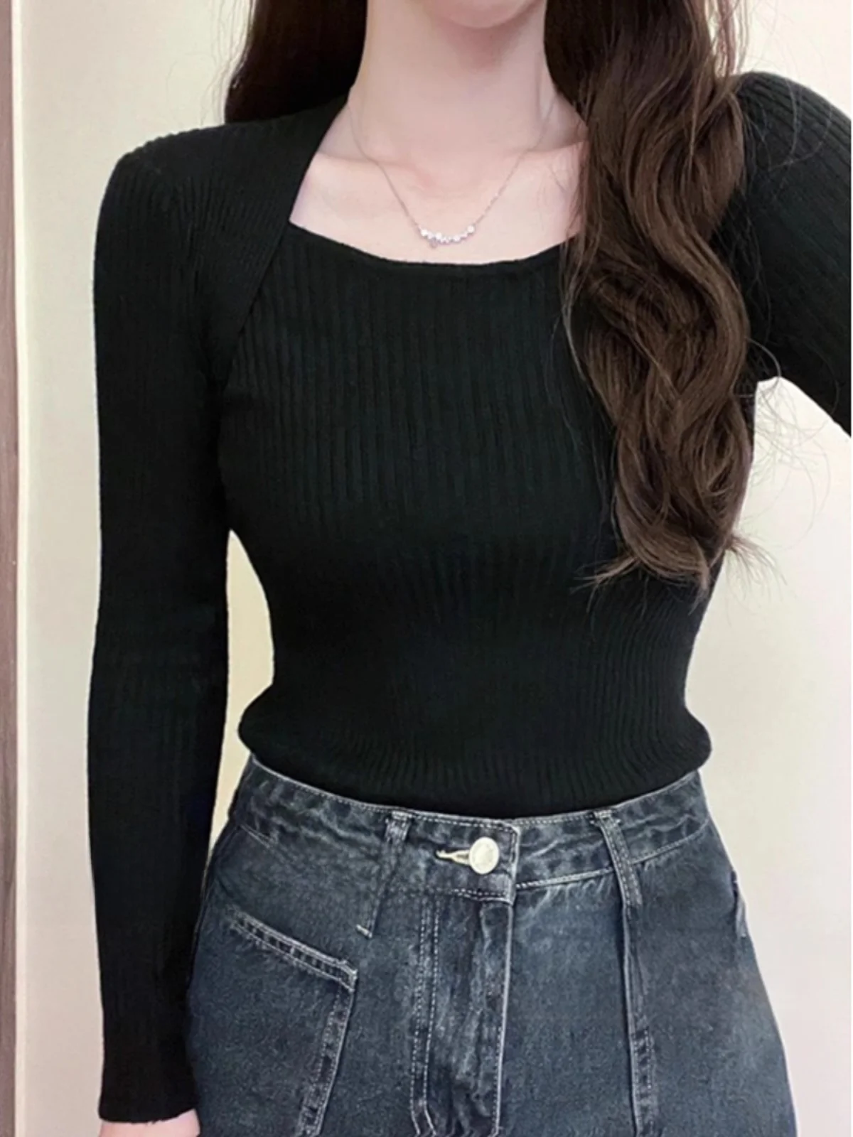 Rotwein Farbe Gestrickte Slim Fit frauen Basis irt Herbst Winter Neue Sle Große Größe Schlüsselbein Quadratischen Kragen Top