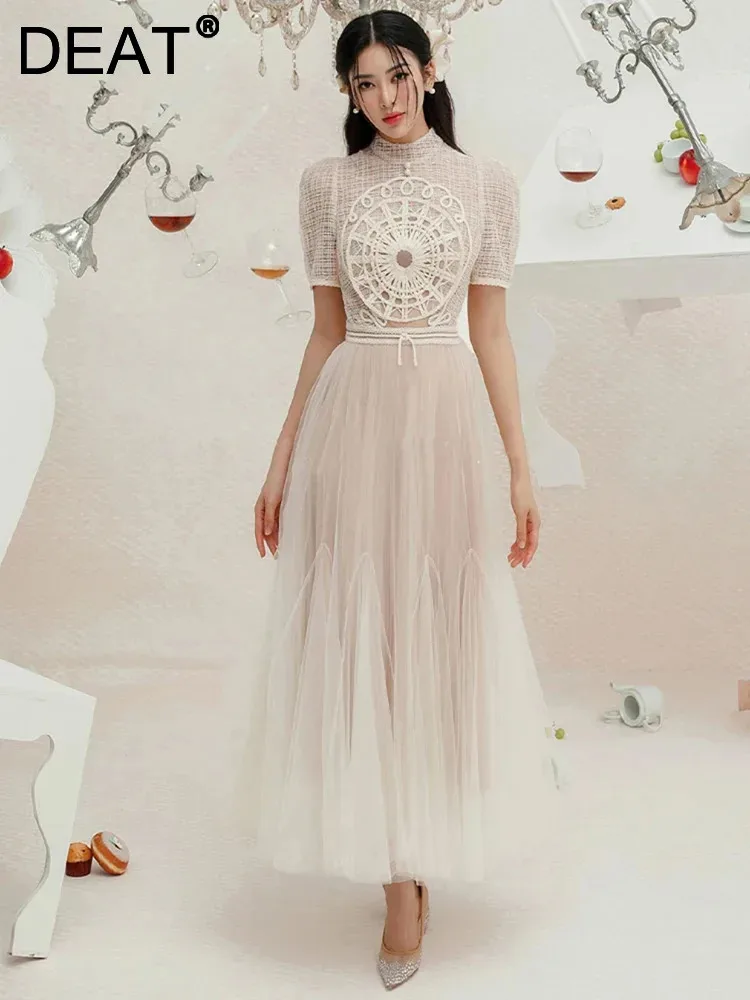 DEAT Elegant Dress O-neck Embroidery Lace Crochet Gauze Patchwork Women's Evening Party Dresses 2024 Autumn New Fashion 35Z662