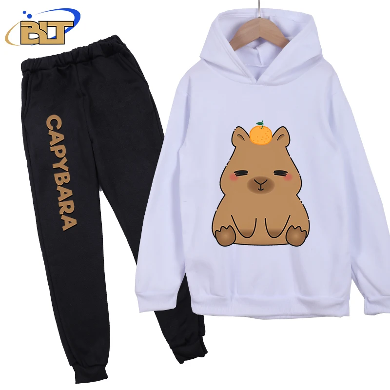 Capybara setelan sweater anak-anak, pakaian anak bulu domba, celana hoodie 2 potong, setelan sweater olahraga kasual warna putih musim gugur dan musim dingin