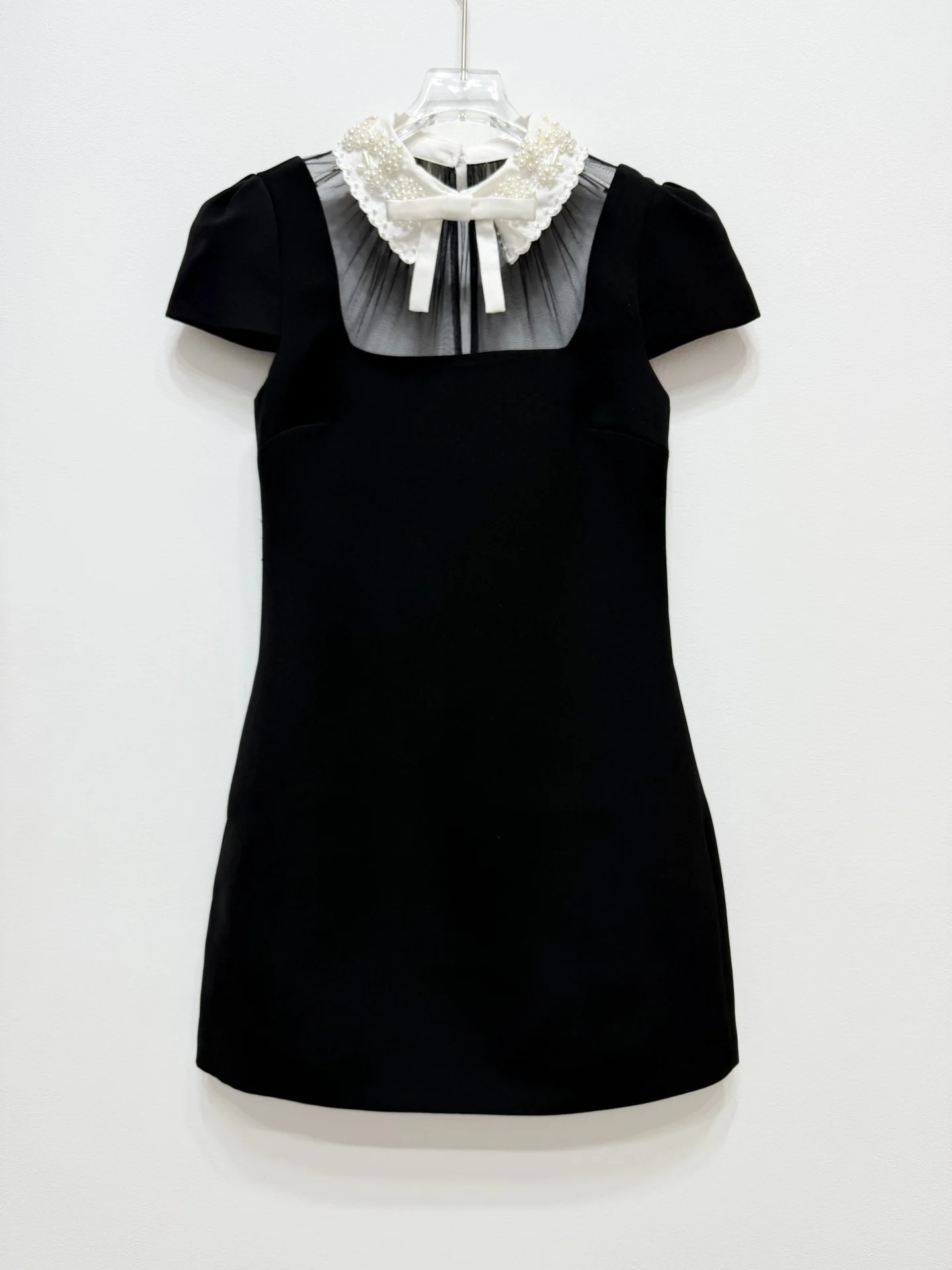 2026 Summer New Classic Black Contrast Color Bow Collar Short Sleeve Elegant Slimming Women Dress