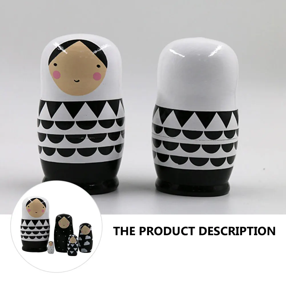 5 Pcs Black and White Matryoshka Childrens Toys Russian Decoration Baby Kids Wooden Nesting Educational Kids Toys Gifts