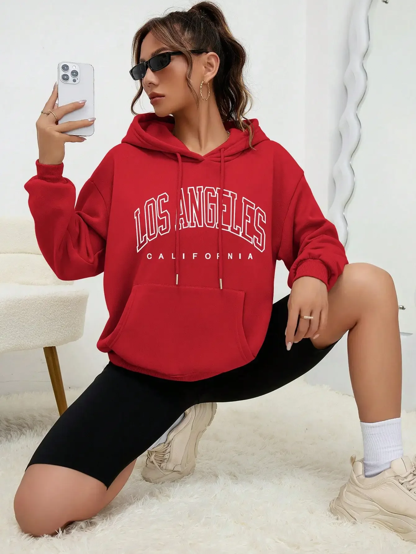 

Women's Hoodies Oversize Los Angeles California Letter Printing Pocket Hoodie Casual Long Sleeve Clothes New in Sweatshirts