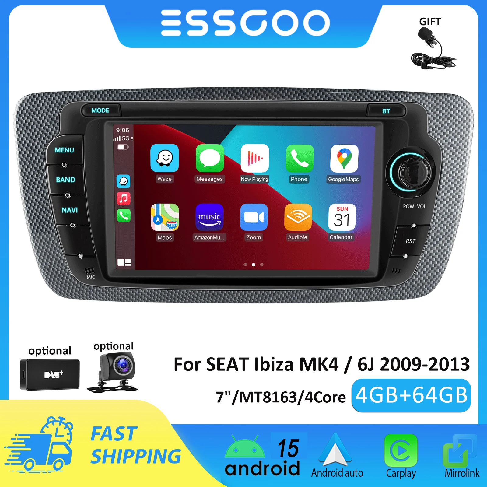 ESSGOO 7-Zoll-Autoradio für SEAT Ibiza MK4 / 6J 2009-2013 Android Auto Carplay Autoradio 4GB 64GB GPS 2DIN Automotive Multimedia Player