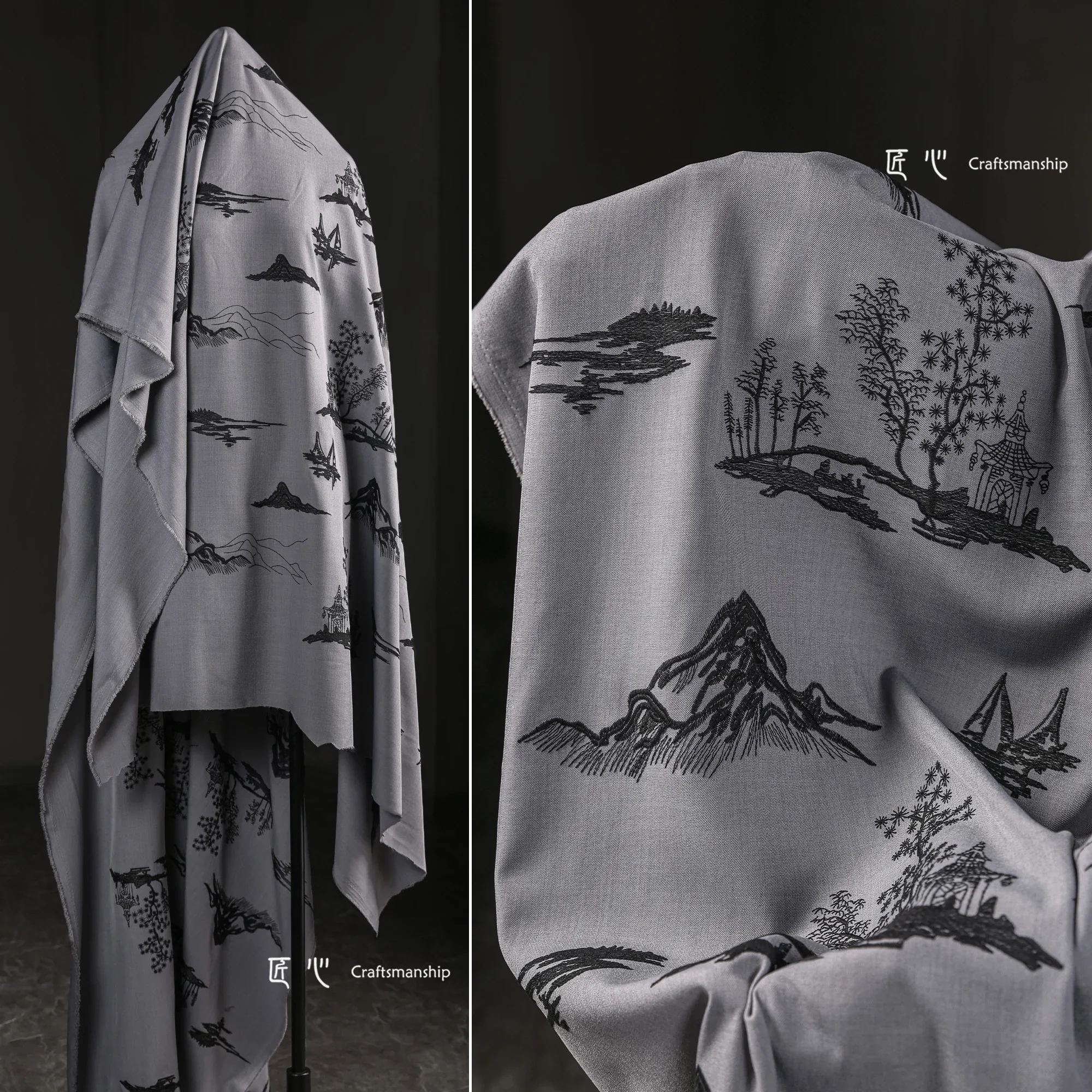 

Songting landscape embroidery suit fabric gray bottom black line texture national style suit skirt jacket clothing design fabric