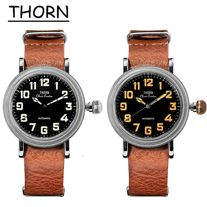 

THORN T014 Механические часы PT5000 Механизм с сапфировым стеклом Светящиеся винтажные часы-пилот 100 м Водонепроницаемые 41 мм Мужские часы