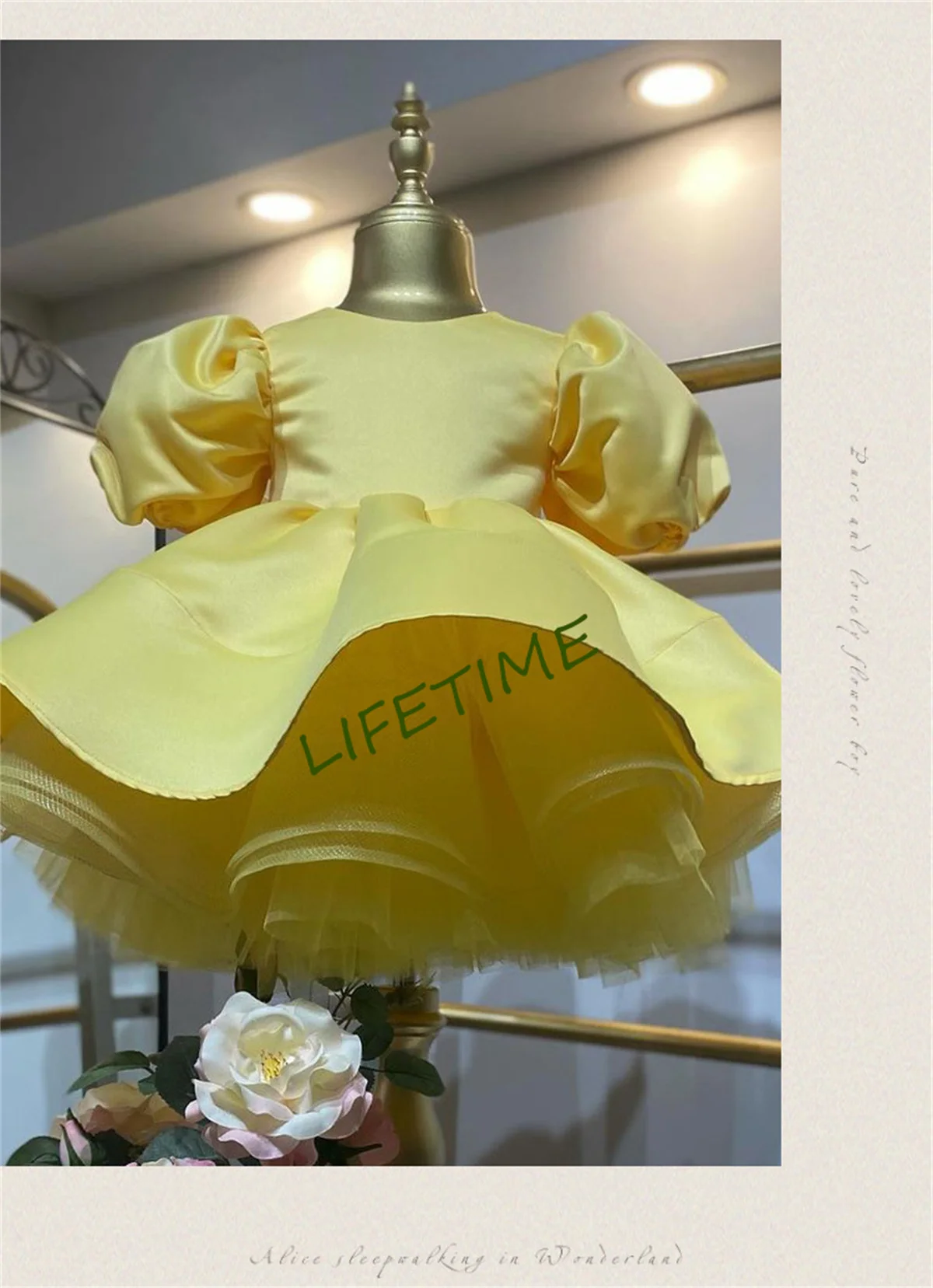 Puffy yellow Satin Flower Girl Dresses Knee Length Wedding Party Dress Bow Toddler Baby Birthday Pageant Ballet Tutu Dress