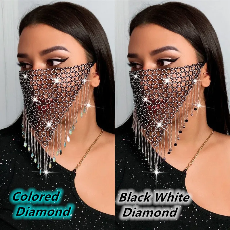 الترتر لامعة حجر الراين شرابة قناع الوجه بلينغ الحجاب قناع معدني كريستال الرقص تأثيري حفلة تنكرية الوجه مجوهرات اكسسوارات