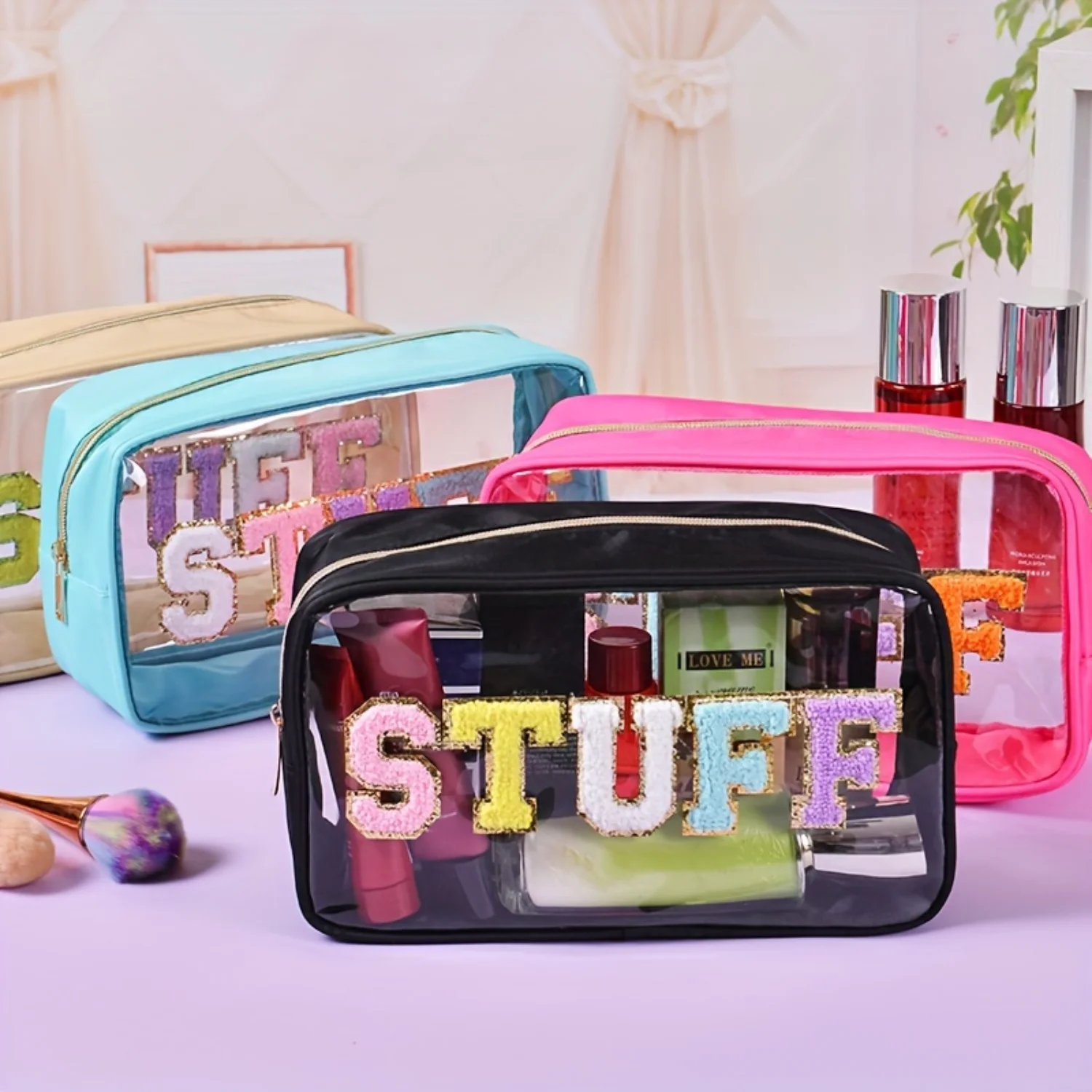 Transparent Colorful Chenille Letter Makeup Zipper Pouch, Lightweight Toiletry Wash Bag - Outdoor Trip Eseential Travel makeup