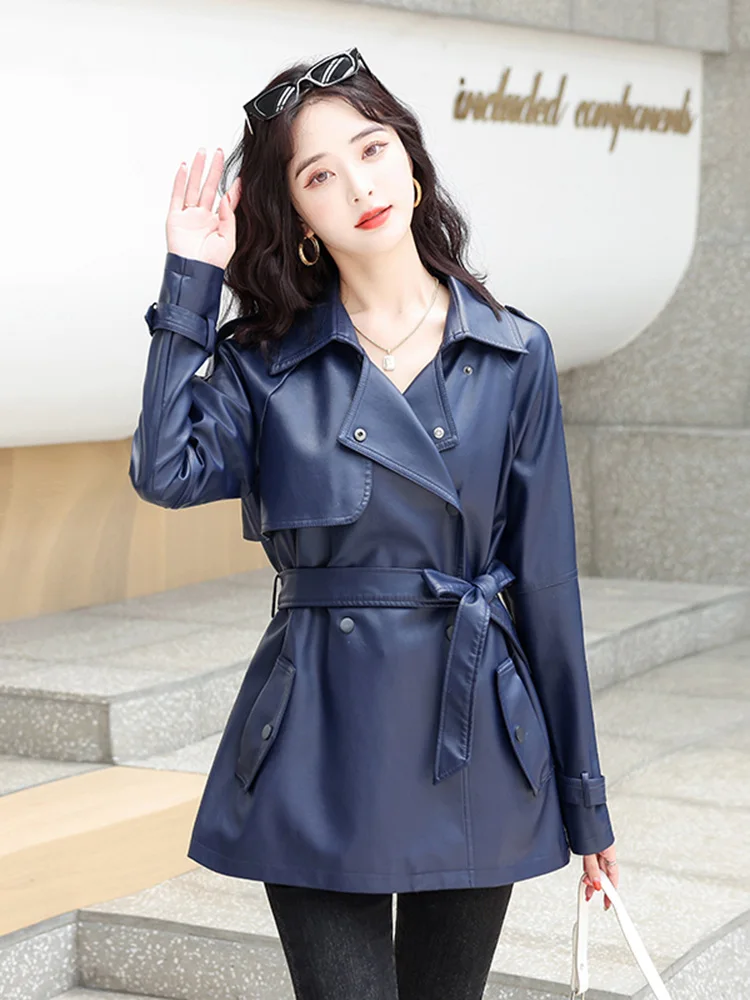 New Women Leather Trench Coat Spring Autumn Casual Fashion Turn-down Collar Long Sleeve Belt Sheepskin Jacket Loose Outerwear