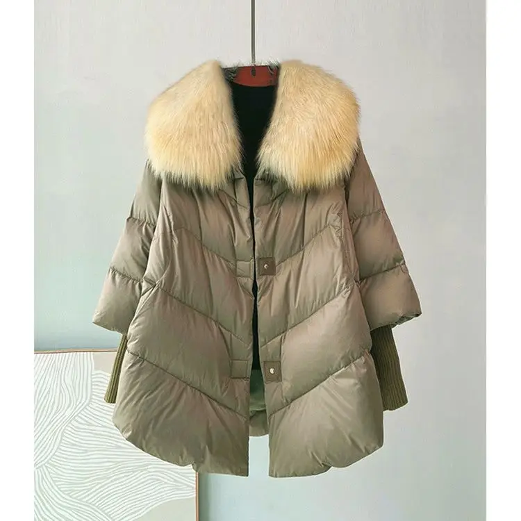 2024 New Womens Winter Coat White Duck Down Jacket With Big Woolen Collar Female Loose Outerwear Fashion Overcoat