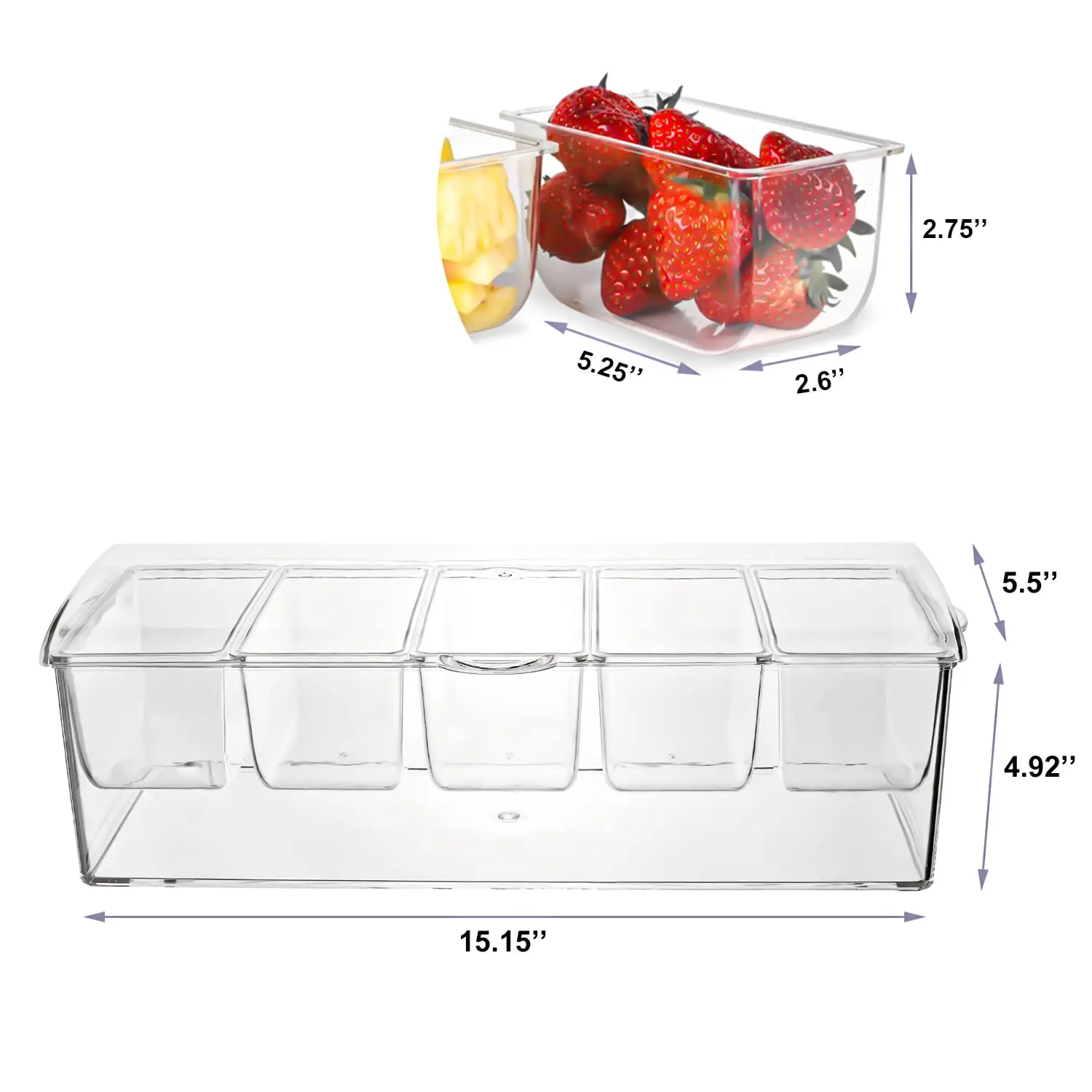 Ice Chilled Condiment Caddy with 5 Containers(2.5 cup), Serving Tray Platter with Removable Dishes for Bar Accessories, Fruit,