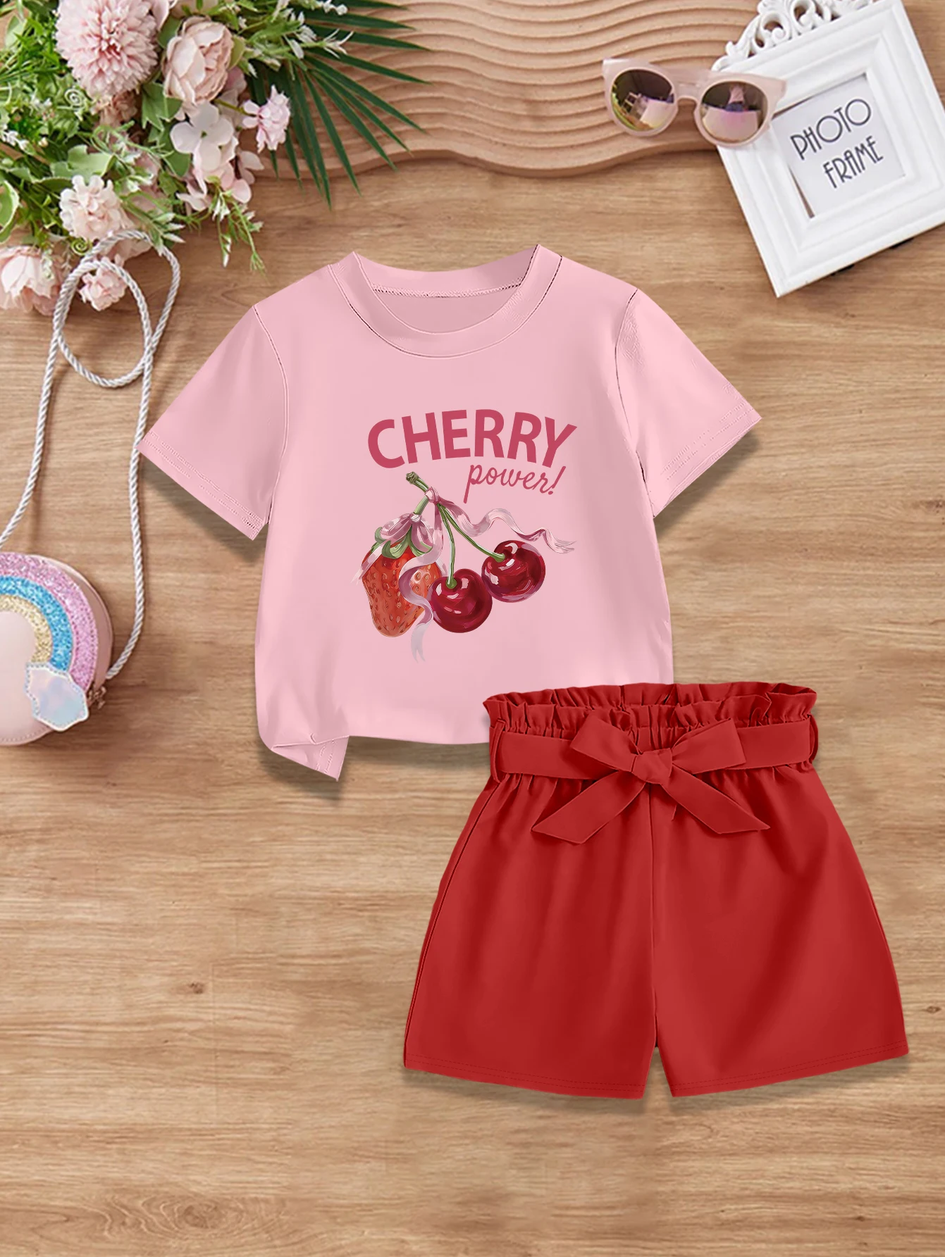 2 pieces: Summer Girls Sweet Cute Outfit Cartoon Strawberry Cherry Print T-shirt + Woven Bow Shorts