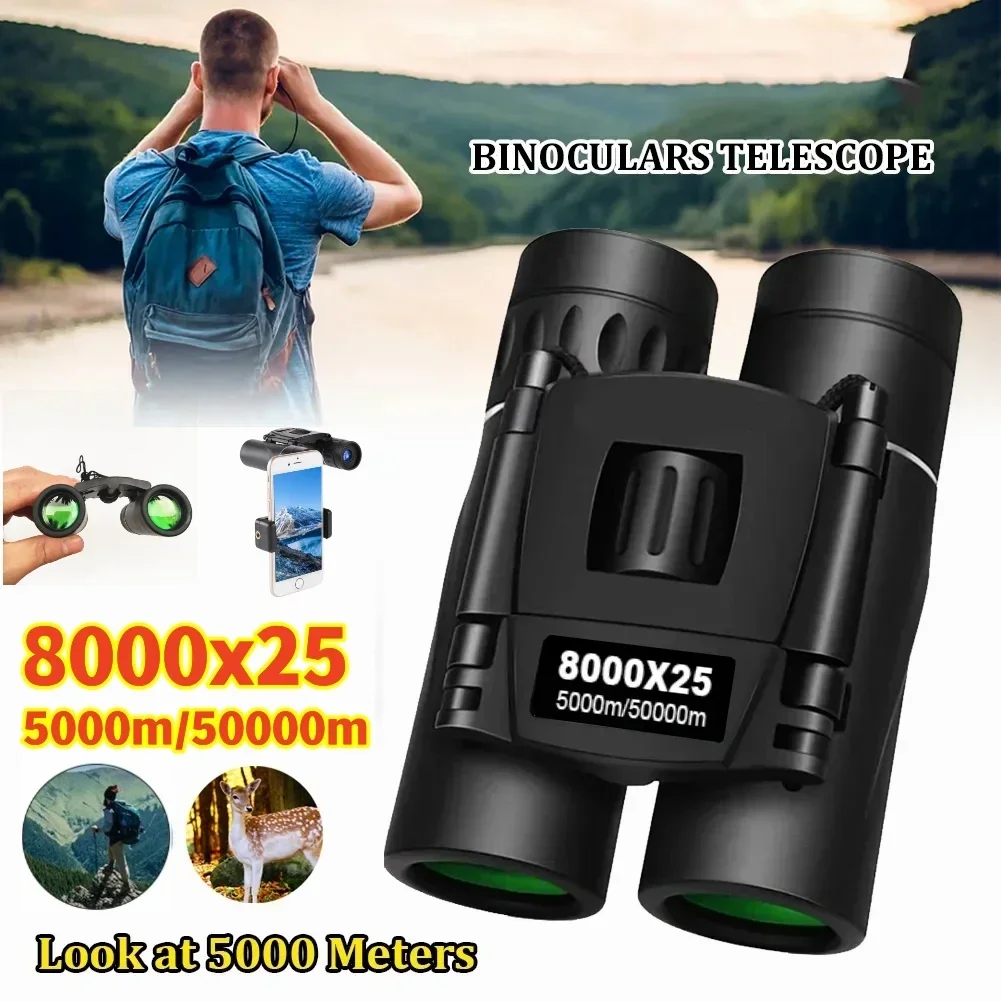 8000x25 HD Powerful Binoculars 5000M Long Range Folding Mini Telescope BAK4 FMC Optics For Hunting Sports Outdoor Camping Travel