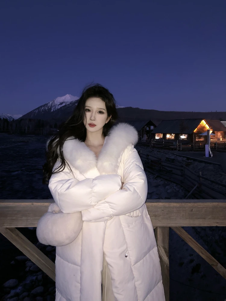 

Women's Long Waist-Cinching Fur Collar down Jaet 90% White Du down Winter Coat Casual Loose Fit Zipper Closure