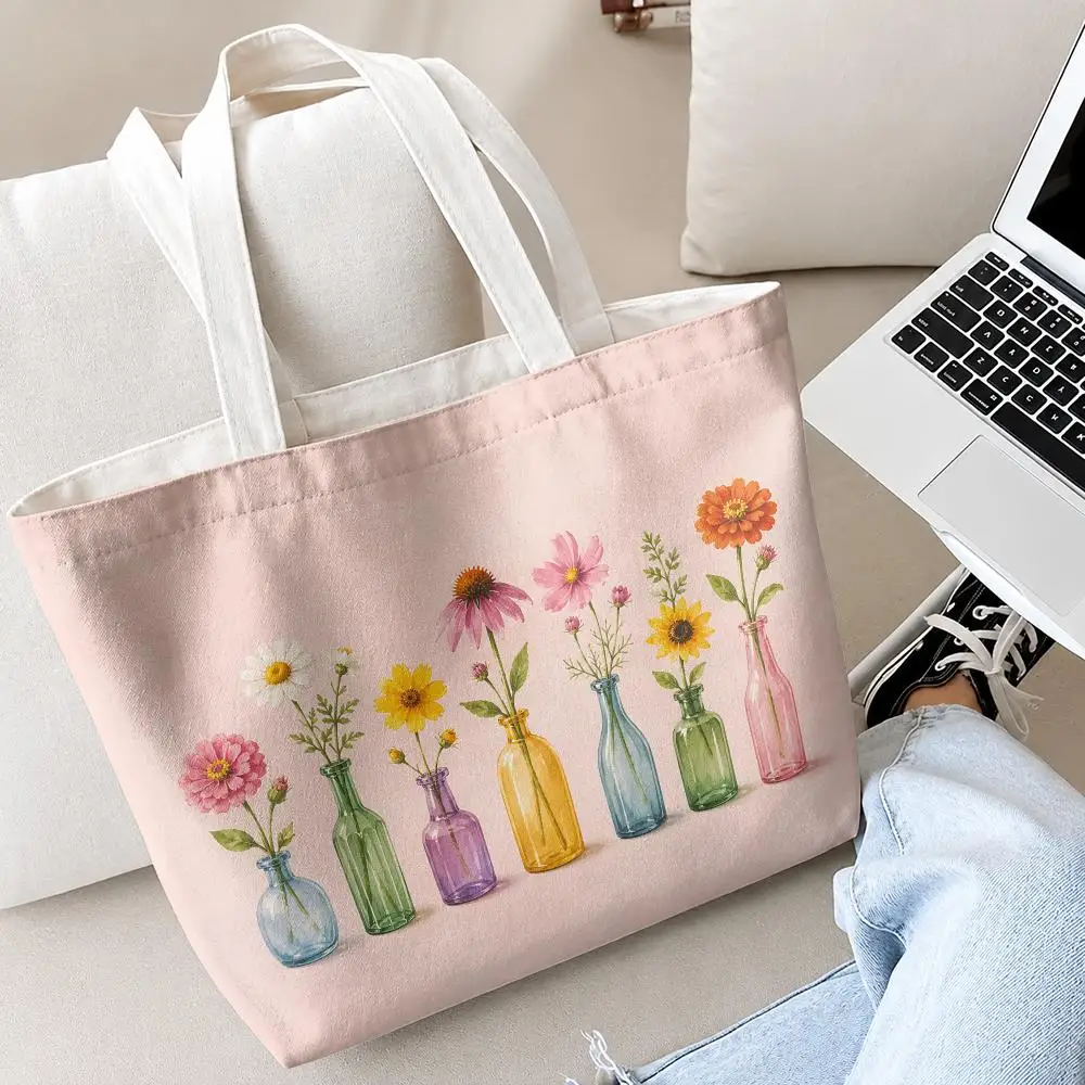 Floral Greeting Storage Bags 2-Piece Women's Canvas Zipper Large Capacity Reusable Daily Commute Shopping&Gift
