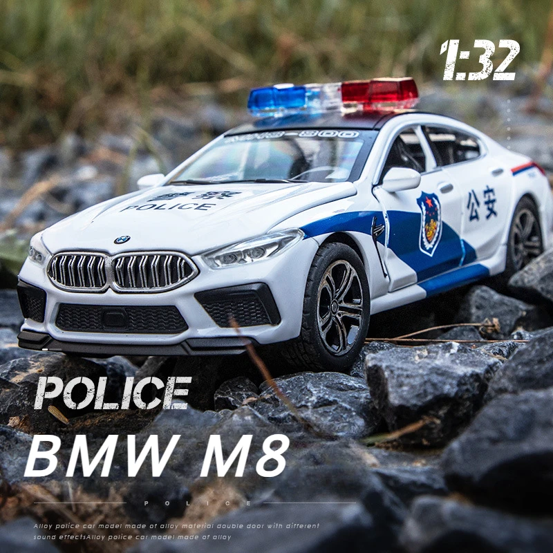 1:32 BMW M8 Police Car Model Decoration Simulation Alloy Car Model Model Sound Light Toy Pull Back Car Children Gifts