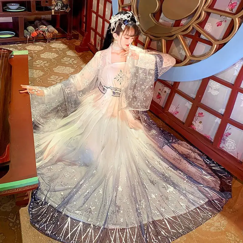 Chinese Hanfu Dress Women Carnival Cosplay Costume Ancient Traditional Hanfu Sets White Blue Dance Dress Plus Size XL