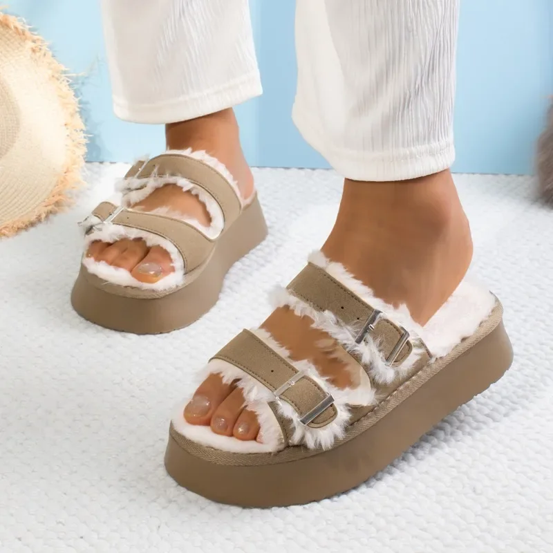 Women Slippers 2024 New Winter Spring Fashion Platform Shoes for Women Solid Thickened Fluff Comfortable Slippers Slides Women image 6