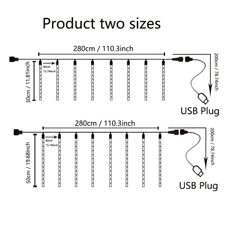 LED Meteor Shower Rain Lights USB Plug Falling Raindrop Fairy String Light for Christmas Holiday Party Patio Decor 30CM/50CM
