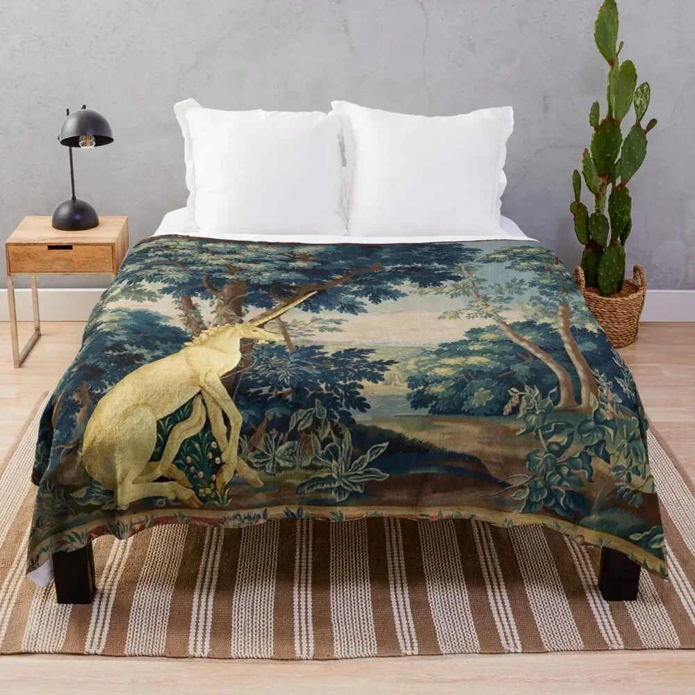 UNICORN IN WOODLAND LANDSCAPE AMONG GREENERY AND TREES Throw Blanket Sofa cosplay anime Giant Sofa Beach Blankets