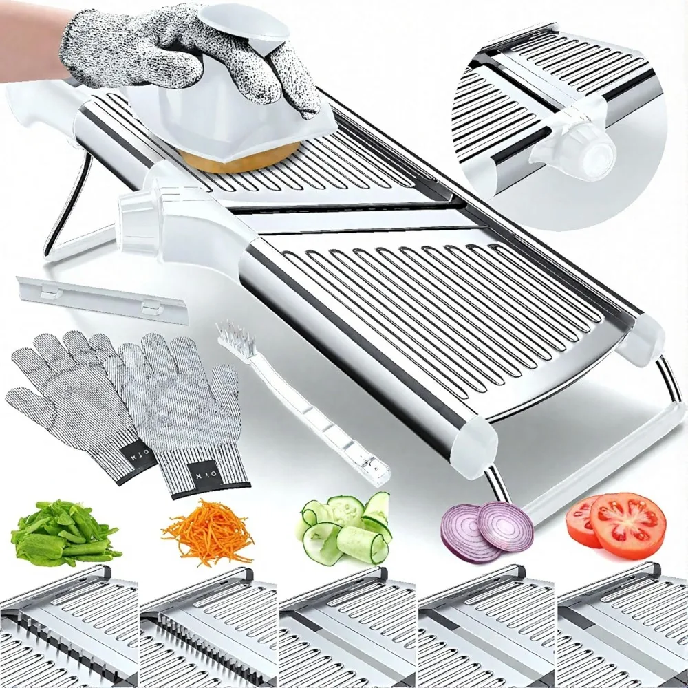 

Adjustable Mandoline Food Slicer with Cut-Resistant Gloves - Stainless Steel Kitchen Tool for Vegetables and Fruits