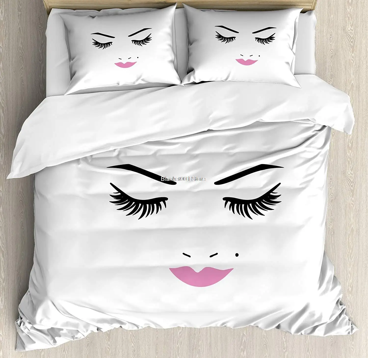 

Eyelash Duvet Cover Set Closed Eyes Pink Lipstick Glamor Makeup Cosmetics Beauty Feminine Design Decorative 3 Piece Bedding Set