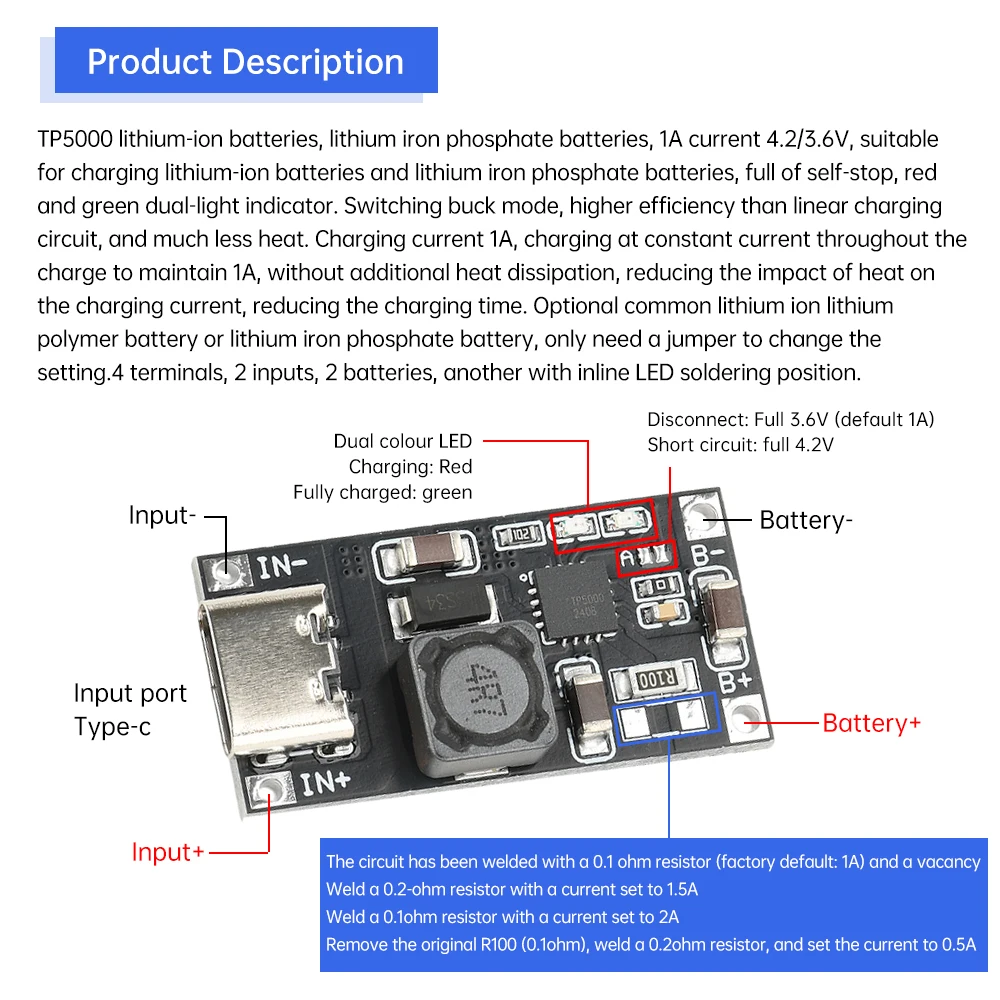 TP5000 charging board management voltage stabilizing power module 2A4 2.2V single-cell lithium battery TYPE-C interface