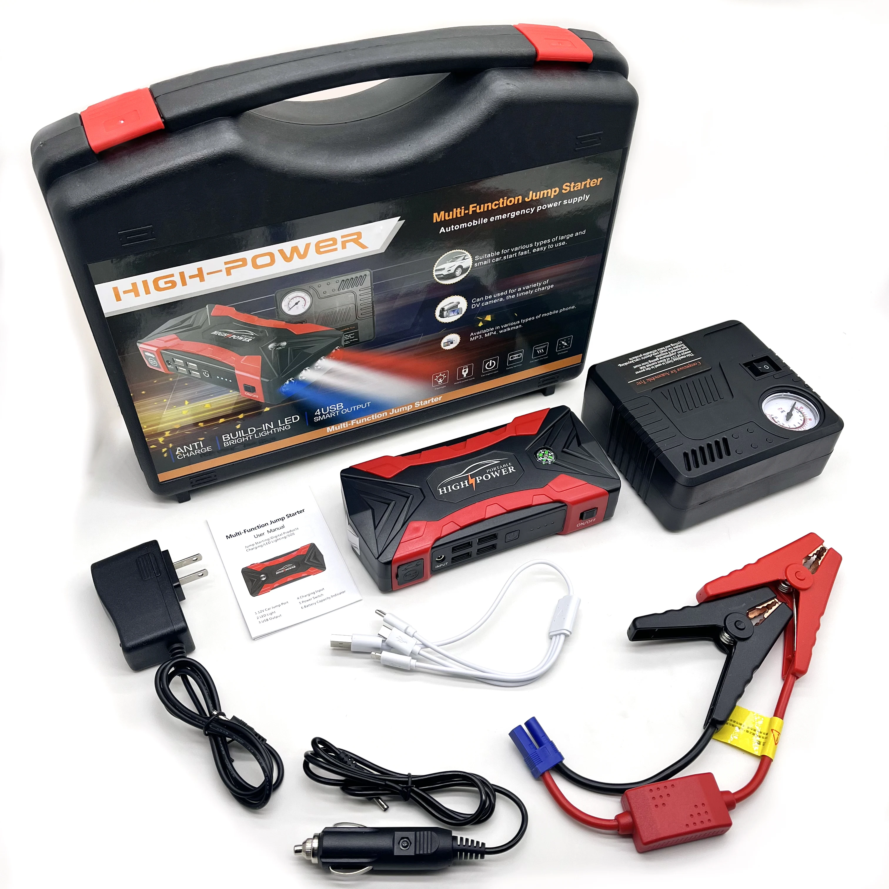 High Capacity Starter Battery Jumper Starter Kit Portable 12V Vehicles Car Battery Booster Emergency Start-up Lighting