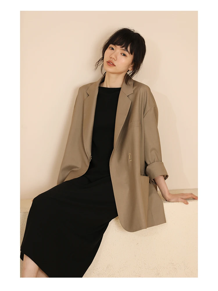 

Хакикики Мисс Весна Новый Свободный Повседневный Кофейный Цвет Длинный Све V-образный Костюм Jaet Ретро Sle Ветер Женская Мода