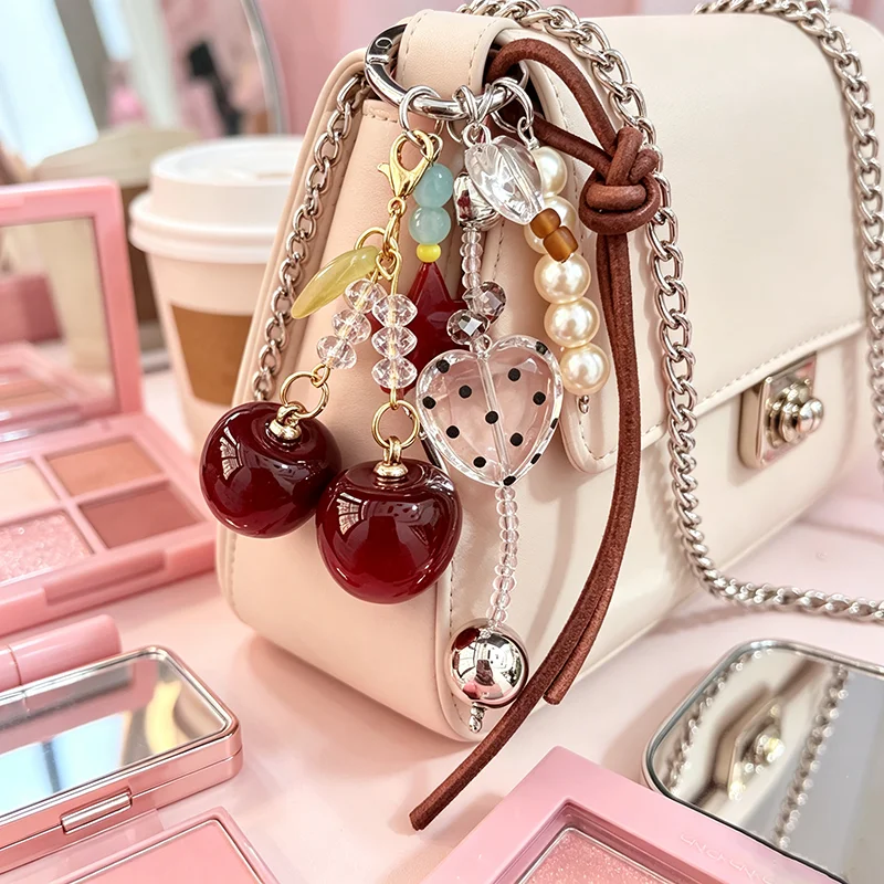 Cute Cherry Beaded Keychain Y2K Star Pearl Bag Charm with Bells Hand‑made Aesthetic Pendant for Women Handbag Car Key Decor Gift
